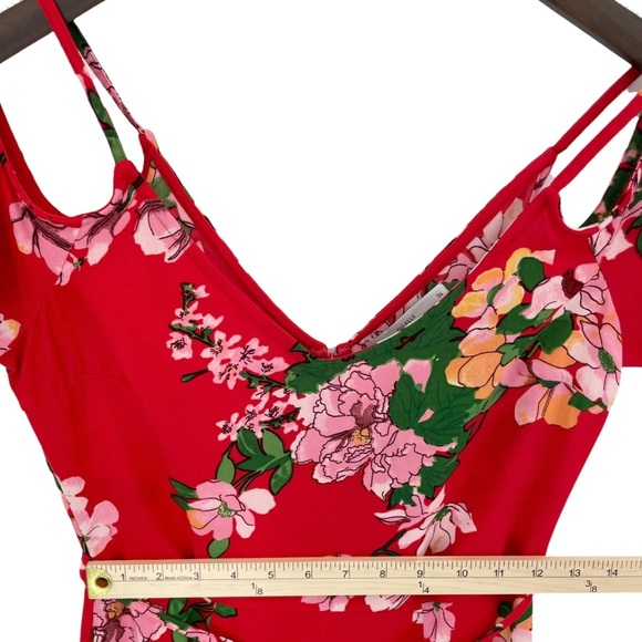 PIGALLE Daisy Red Floral Cold Shoulder Tie Midi Dress - Picture 4 of 8